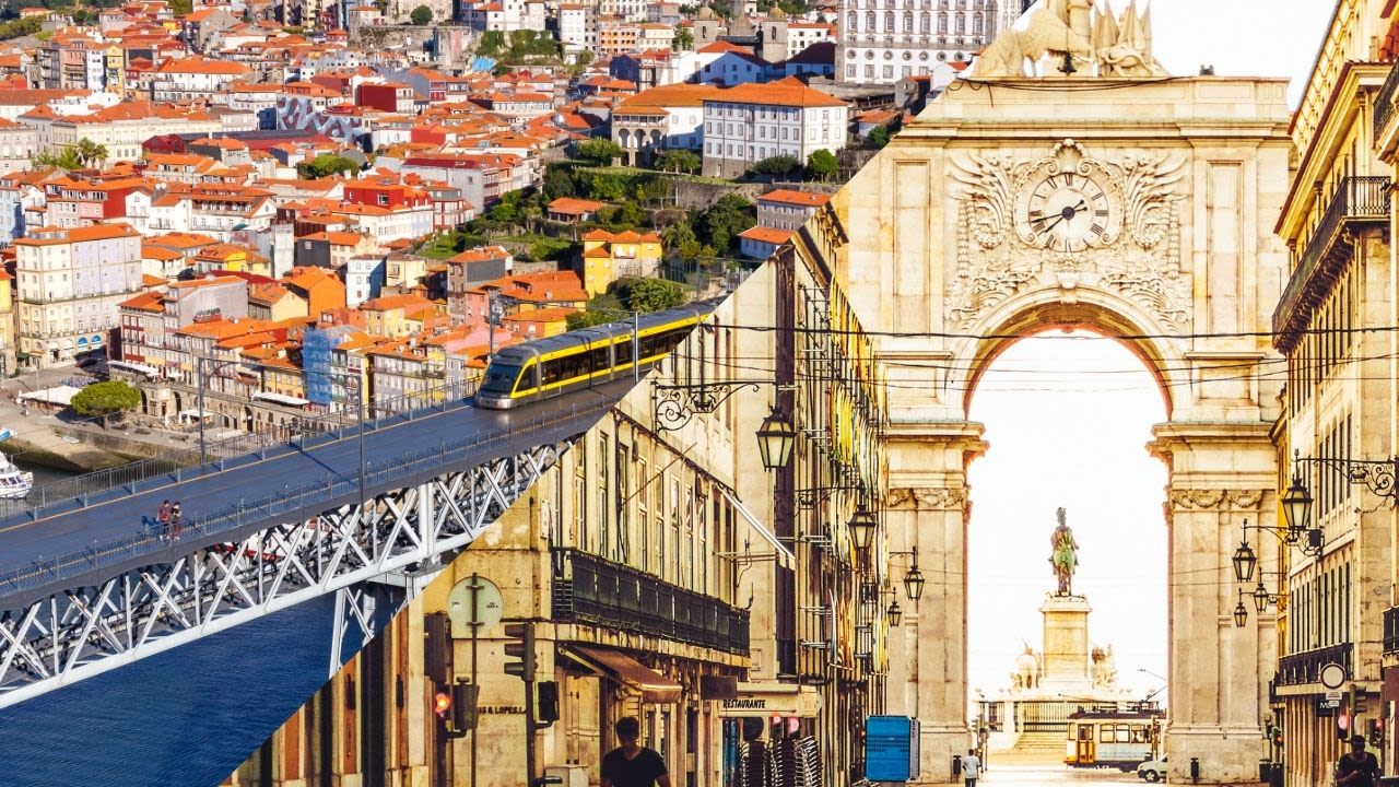 Dom Luis I Bridge in Porto aan de linkerkant en de Rua Augusta straat in Lissabon.